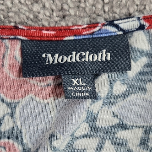 Modcloth Blue Red Floral Belted Surplice Neck Knit Blouse Chiffon Trim Stretchy - Picture 5 of 8